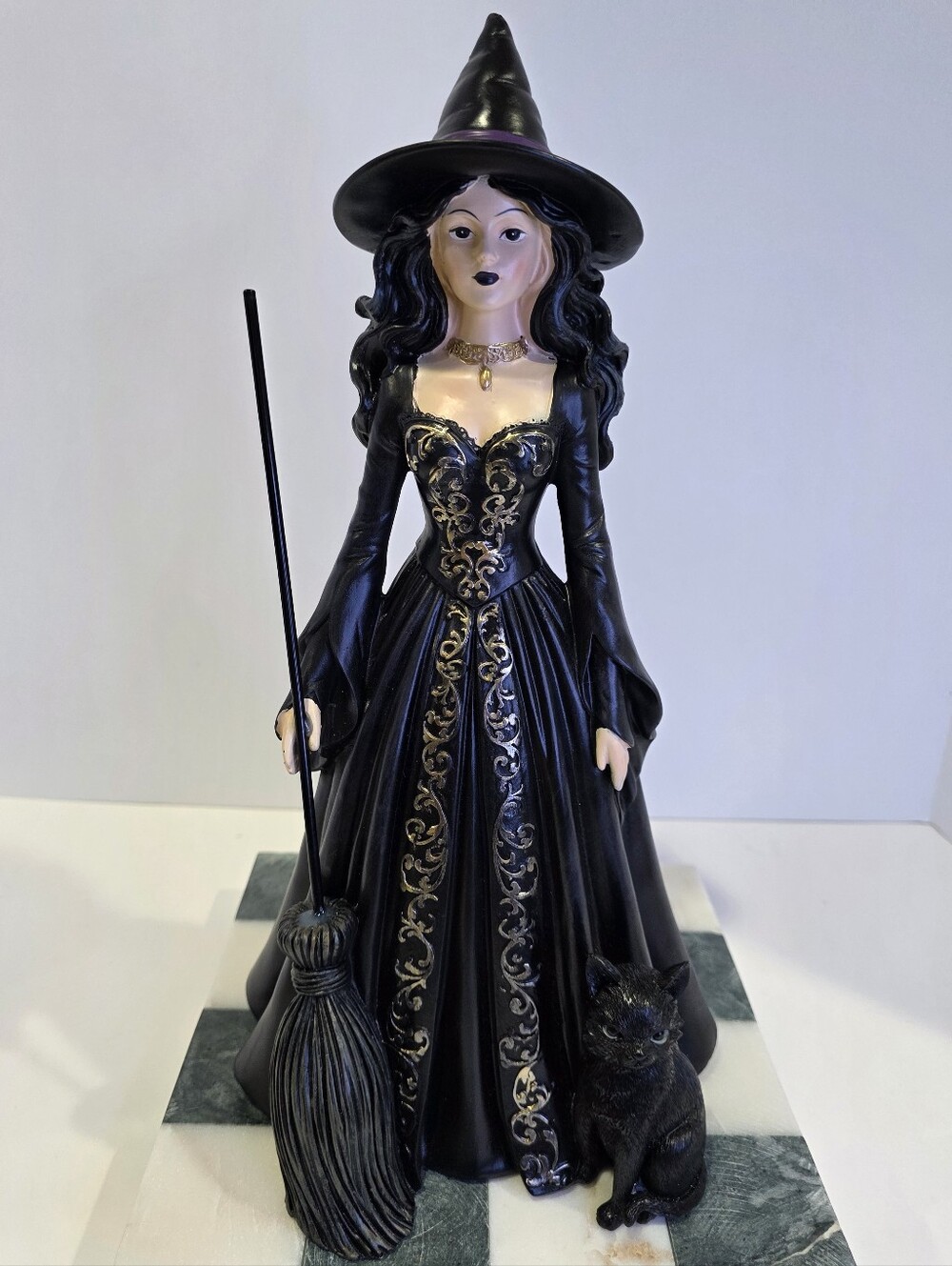 14" Gothic Witch Figurine with Broom & Black Cat - Gold Filigree Dress Statue.